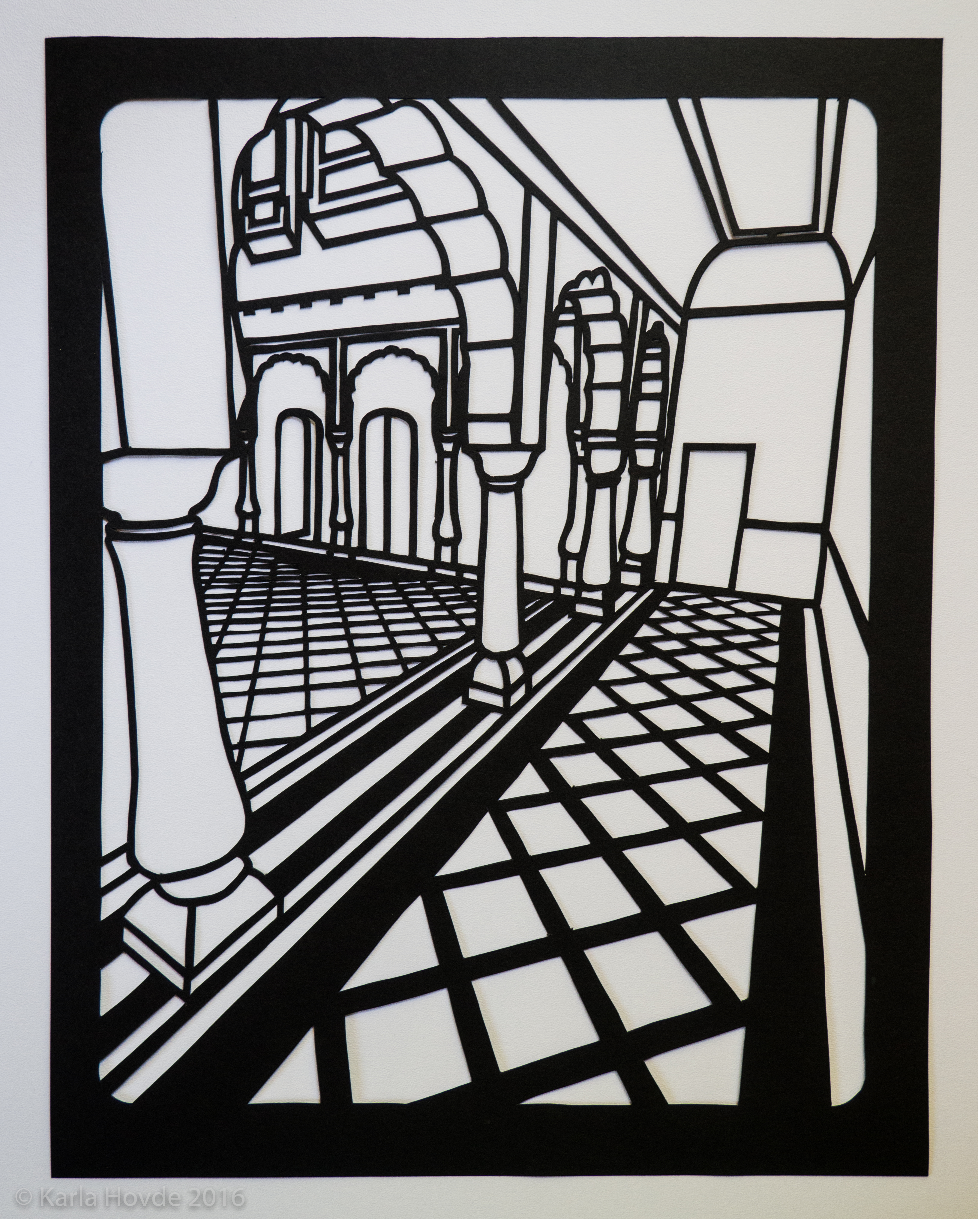 Paper cutting art in black paper shows geometrical architectural scene of a luxurious Indian courtyard